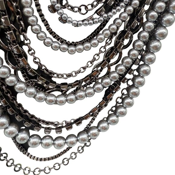 Rhinestone Gray Beaded Layered Multi-Strand Chain Necklace Silver Tone - Picture 4 of 5